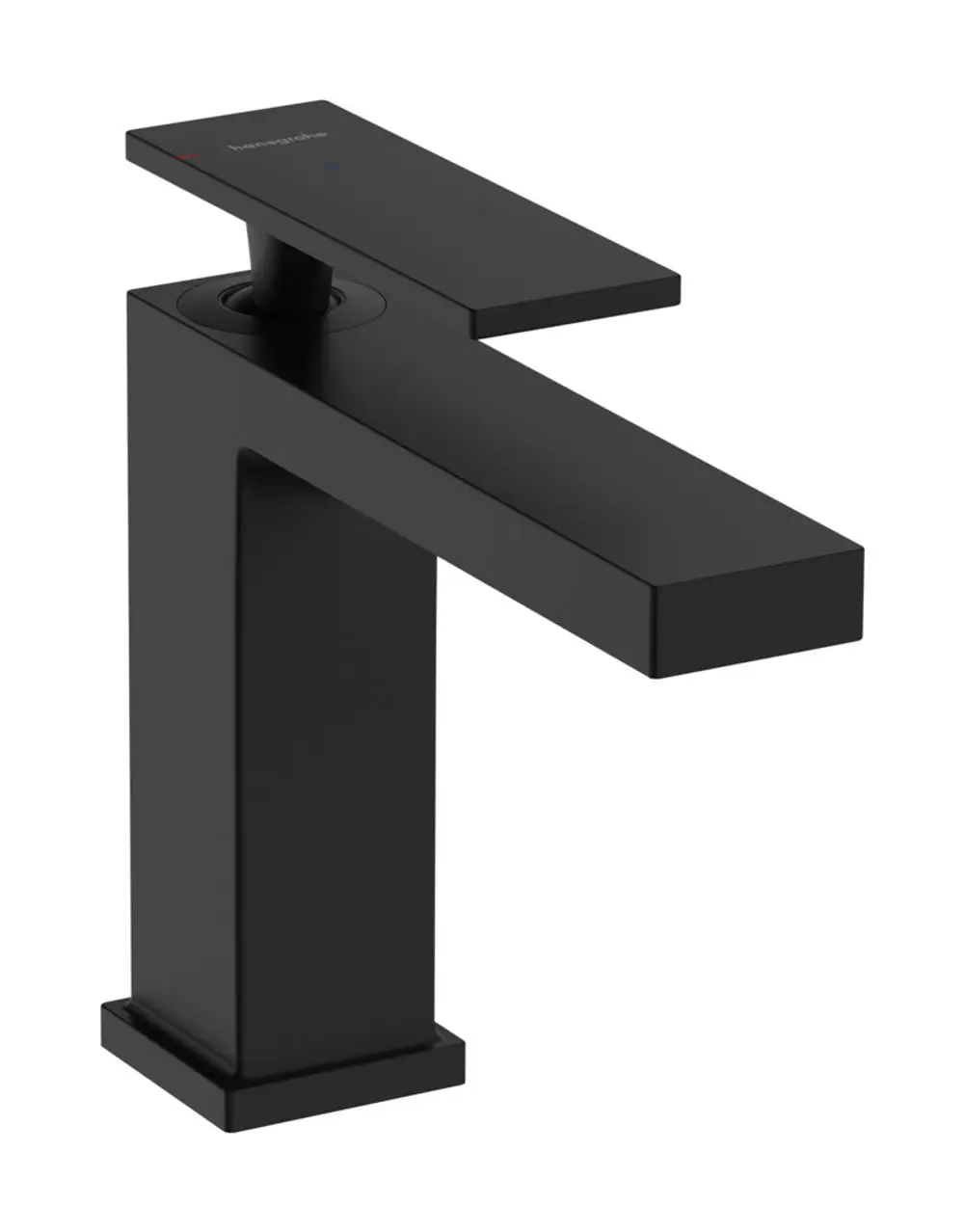 Einhebel-Waschtischmischer in mattschwarz von Hansgrohe mit einer flachen Bedienfläche und integrierter CoolStart-Technologie. Die Form ist rechteckig und modern gestaltet.